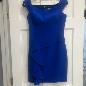 Vince Camuto Cobalt Blue Off-Shoulder Ruffle Sheath Dress